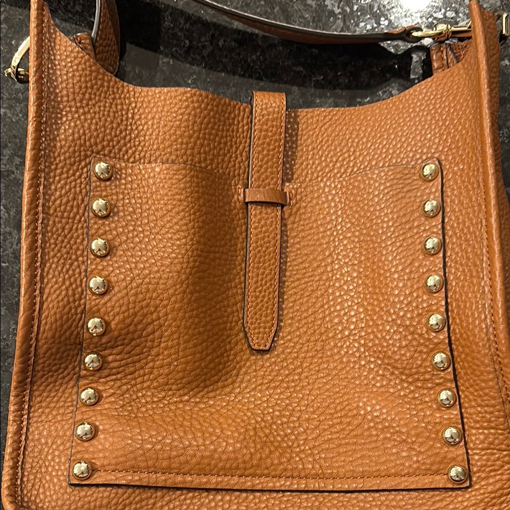 Tan crossbody mail satchel unlined leather bag- stud detail and gold hardware